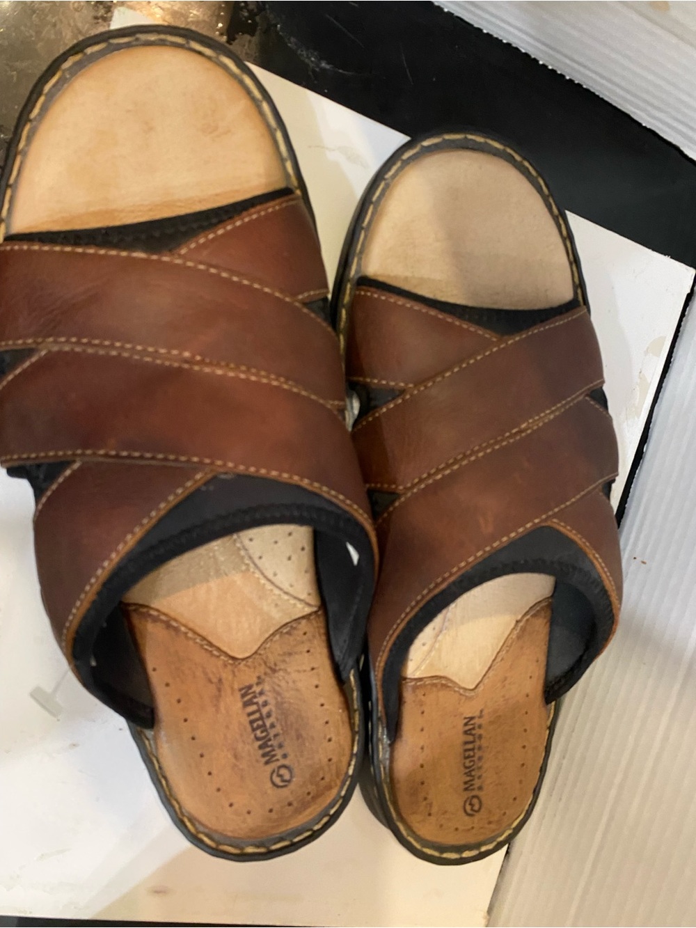 Magellan Outdoors Men’s Brown Leather Cross-Strap Slide Sandals